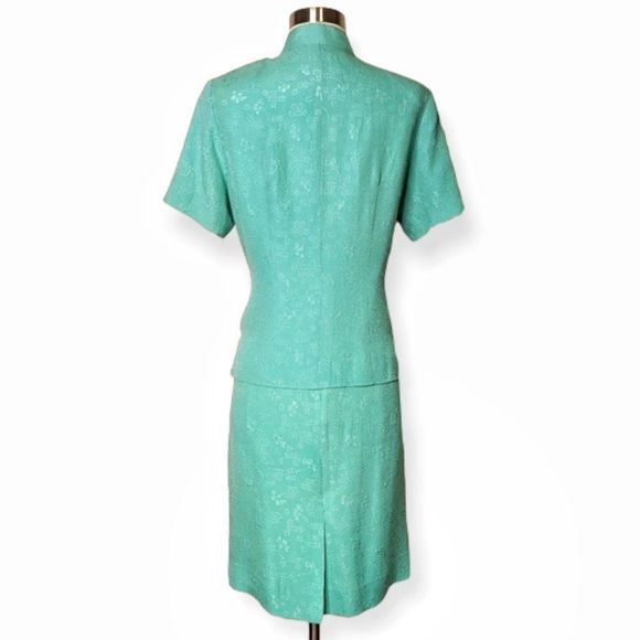 Vtg Lee Baron Jacquard Silk Cheongsam Qipao Bespoke Short Sleeve Skirt Set - Picture 9 of 12